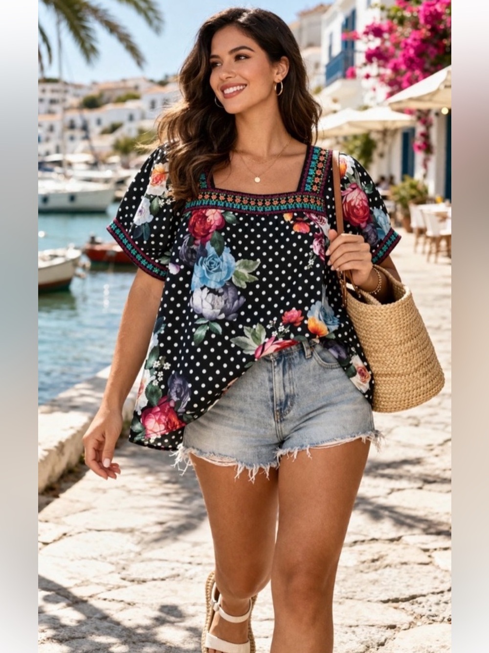 Johnny Was Polkalona Polka Dot Floral Embroidered Blouse in Black Women's XL